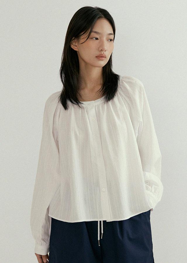 stripe shirring volume blouse-ivory