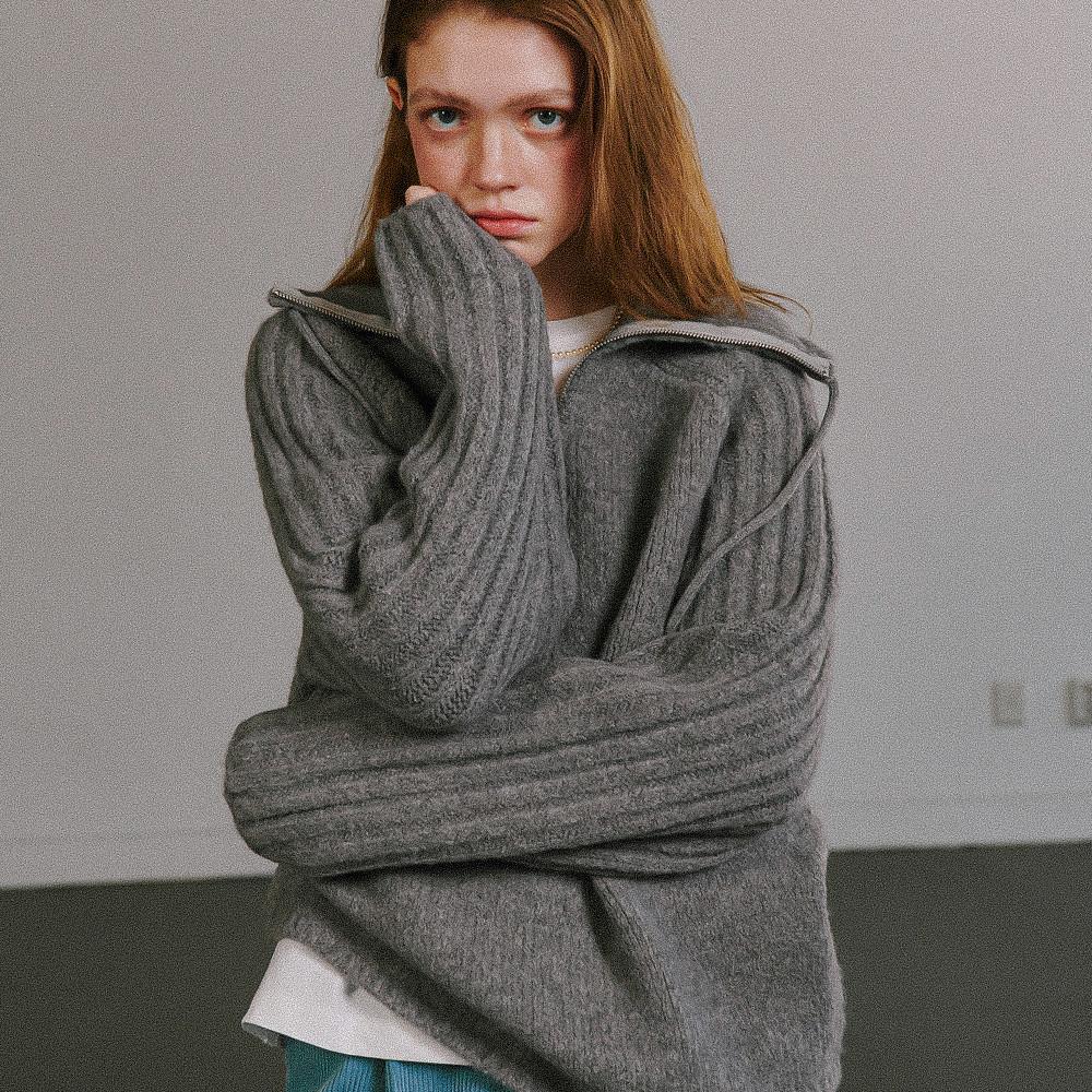 HIGH NECK HALF ZIP UP KNIT GREY : RONRON