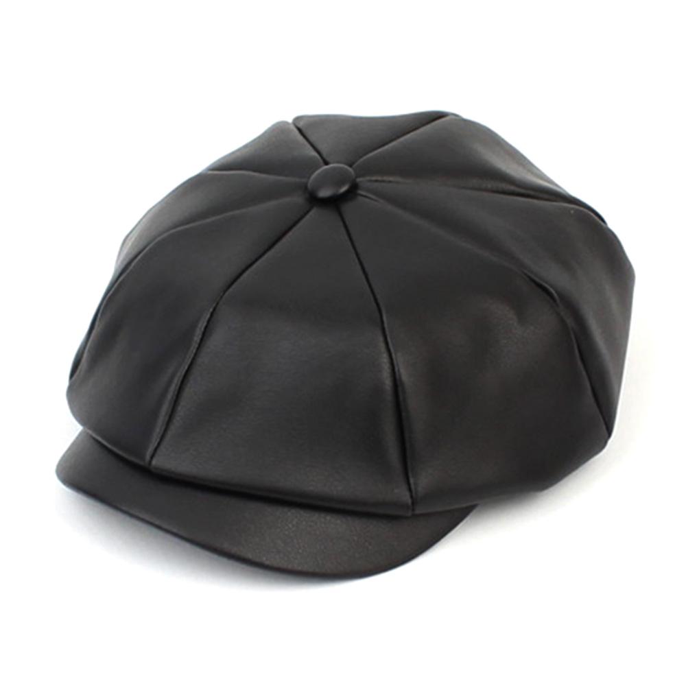 Belted Leather Black Newsboy Cap