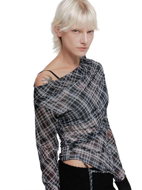 VIKA PLAID MESH OFF SHOULDER TOP (BLACK)