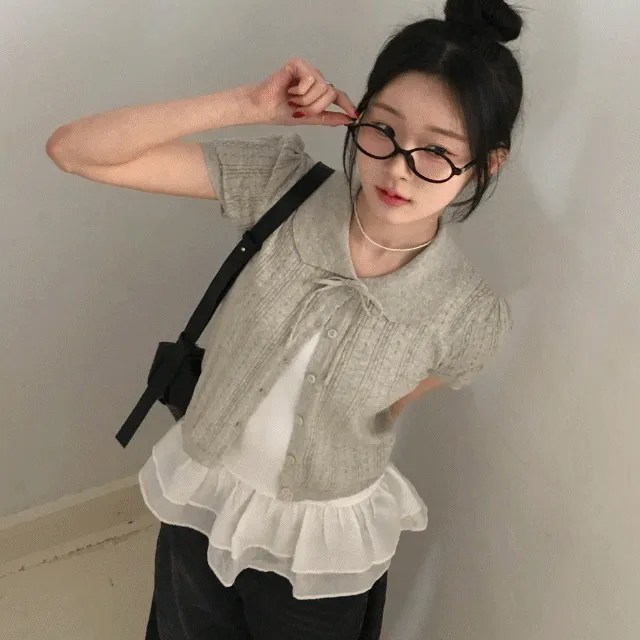[모델소장/러블리💛] 펀칭 아일렛 레이어드 카라 반팔 니트
