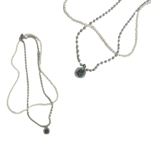 [viviflo] vint double necklace  / 빈트 더블체인 진주목걸이