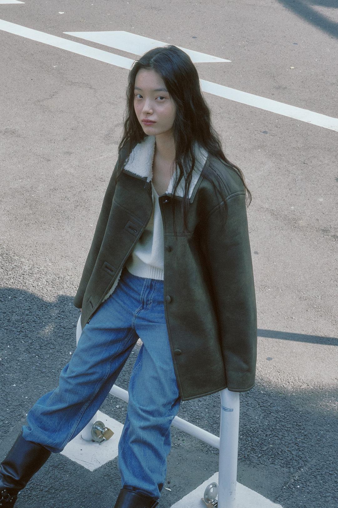 WOOL SHEARLING MUSTANG JACKET (KHAKI-BLACK)