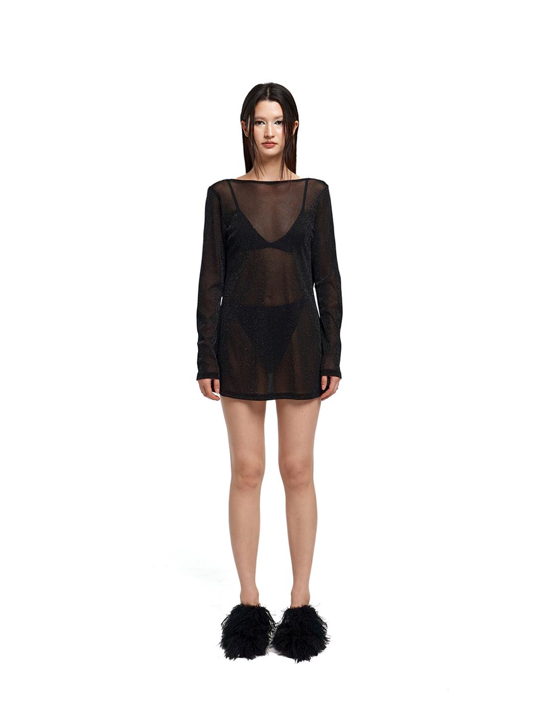 Glitter mesh drape hoodie dress (black)
