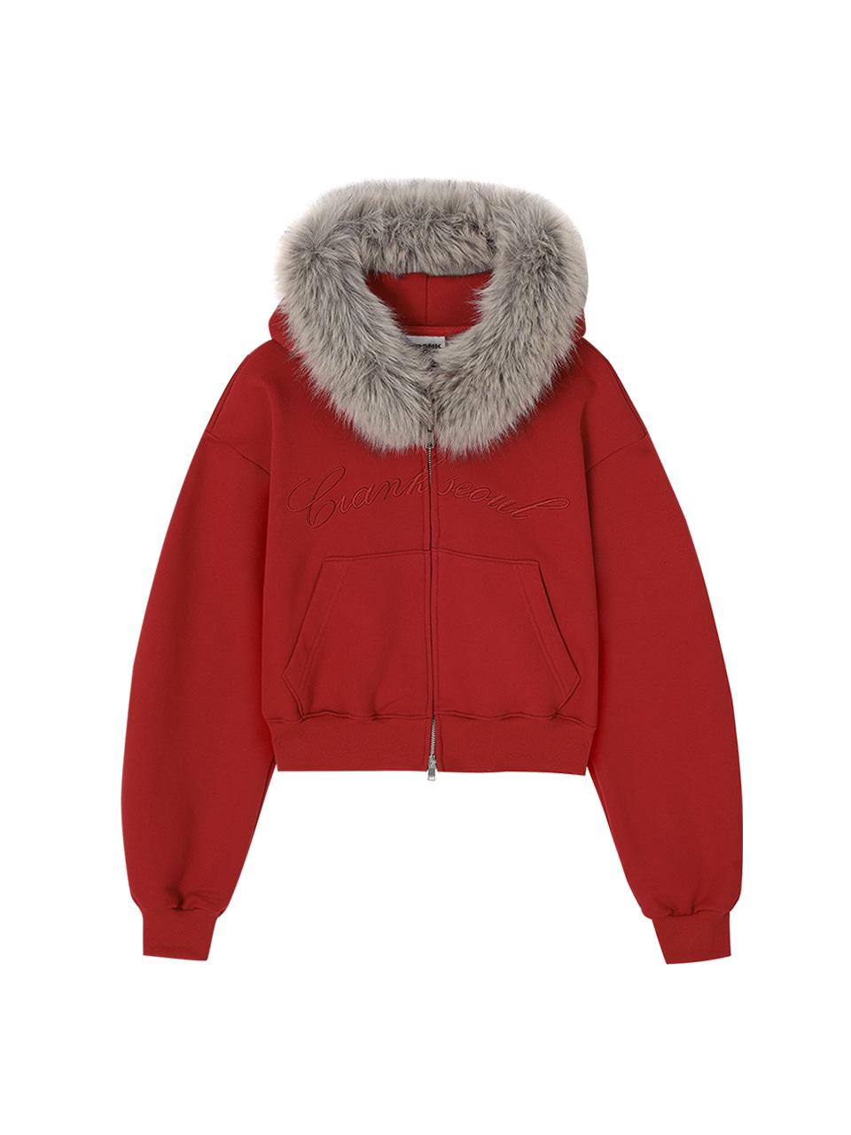 EMBROIDERED FUR-TRIM BRUSHED ZIP-UP HOODIE_RED