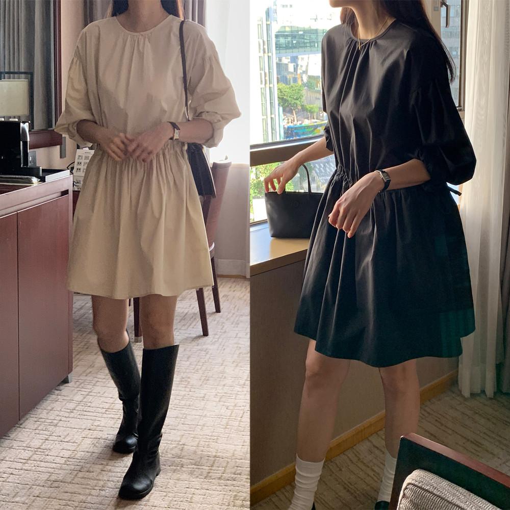 루즈핏 허리 스트링 긴소매 미니 원피스 (크림,블랙)