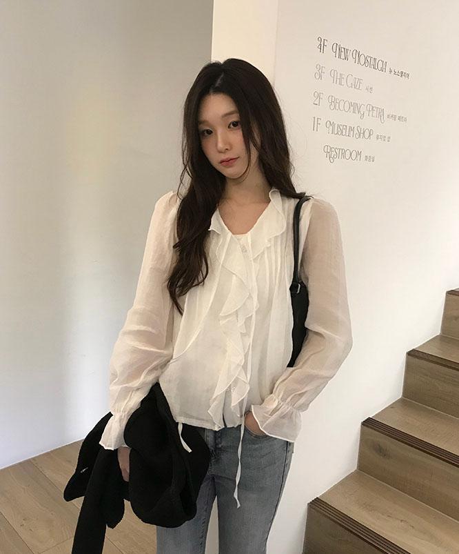 니어웨어 [S/S🌸] 어웨이 러플 블라우스 (3color)/간절기/데이트룩/하객룩/러플블라우스
