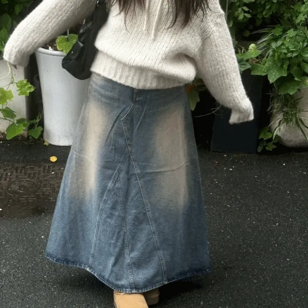 [하체커버] 어그 빈티지 절개 데님 워싱 롱 스커트 (2color)