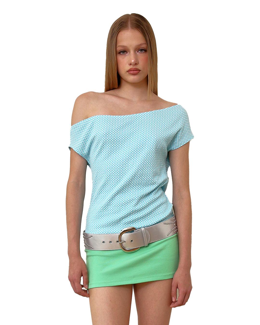 UNBALANCED GINGHAM OFF-SHOULDER TOP, BABY BLUE