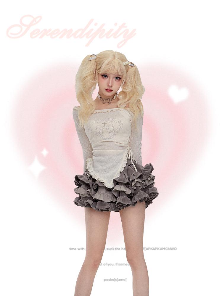 Early Autumn Wear Suit 2023 Beige Top Super Heavy Industry Cake Skirt Suit - Shirt / XS