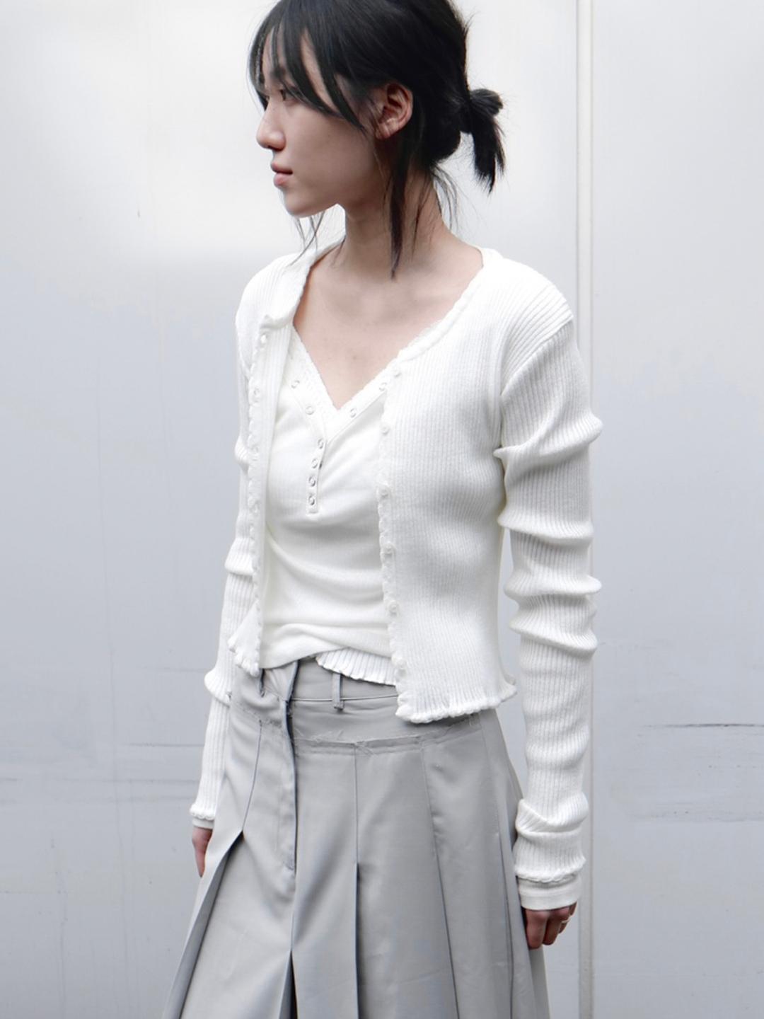 Frill Ribbed Semi-Crop Cardigan Ivory