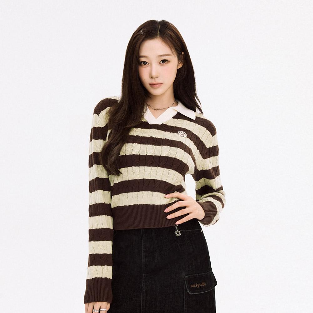 [지젤 착용]우먼스 케이블 오픈카라 풀오버 브라운