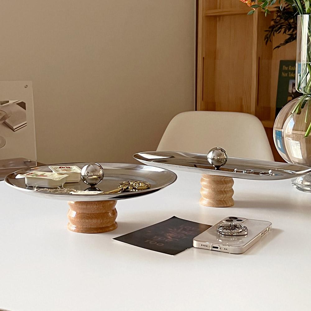 밸런스 우드 스탠드 실버트레이 타원형 원형트레이