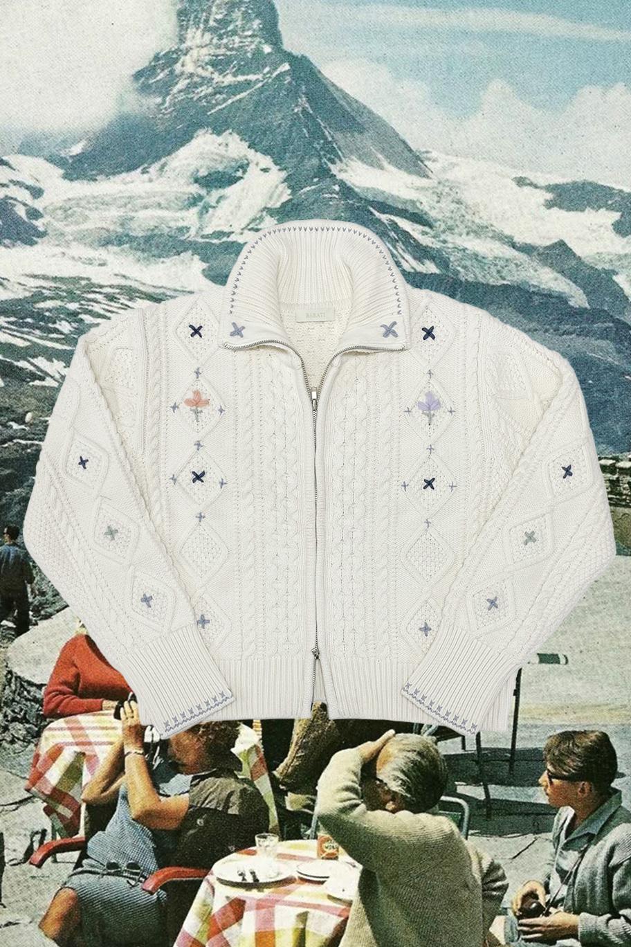 Alps Knit Zip-up Cardigan Flower Stitched by Hand_IVORY