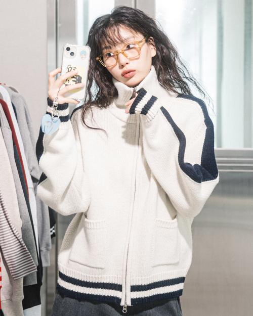 WOOL VARSITY KNIT ZIPUP JACKET(IVORY)