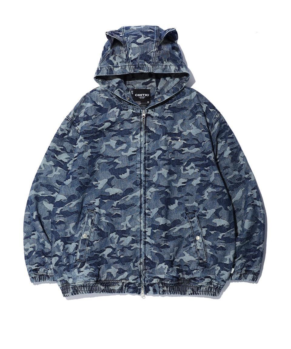 DEVIL EARS CAMO WASHING SET UP DENIM HOODY ZIP UP BLUE