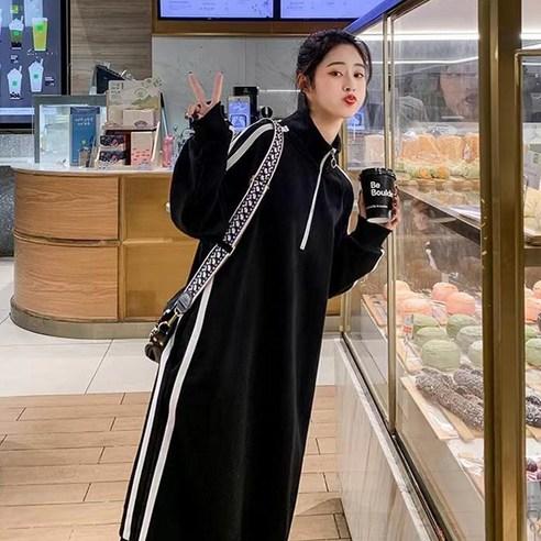 메이리앤 트레이닝 골지 배색 라인 반집업 시보리 빅사이즈 루즈핏 롱 원피스 - 원피스 | 쿠팡