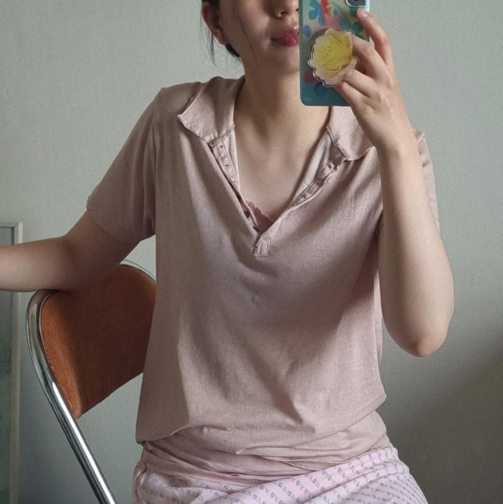 내추럴 커팅 카라 반팔 티셔츠 (2colors)