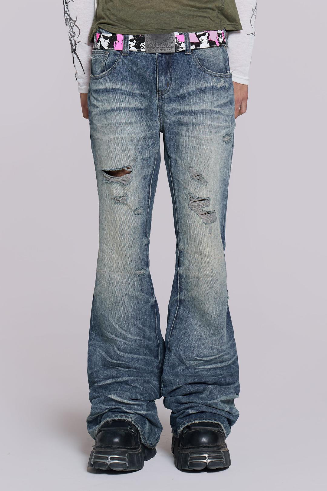 Mid Blue Distressed Creased Drift Flared Jeans - W26 / Blue