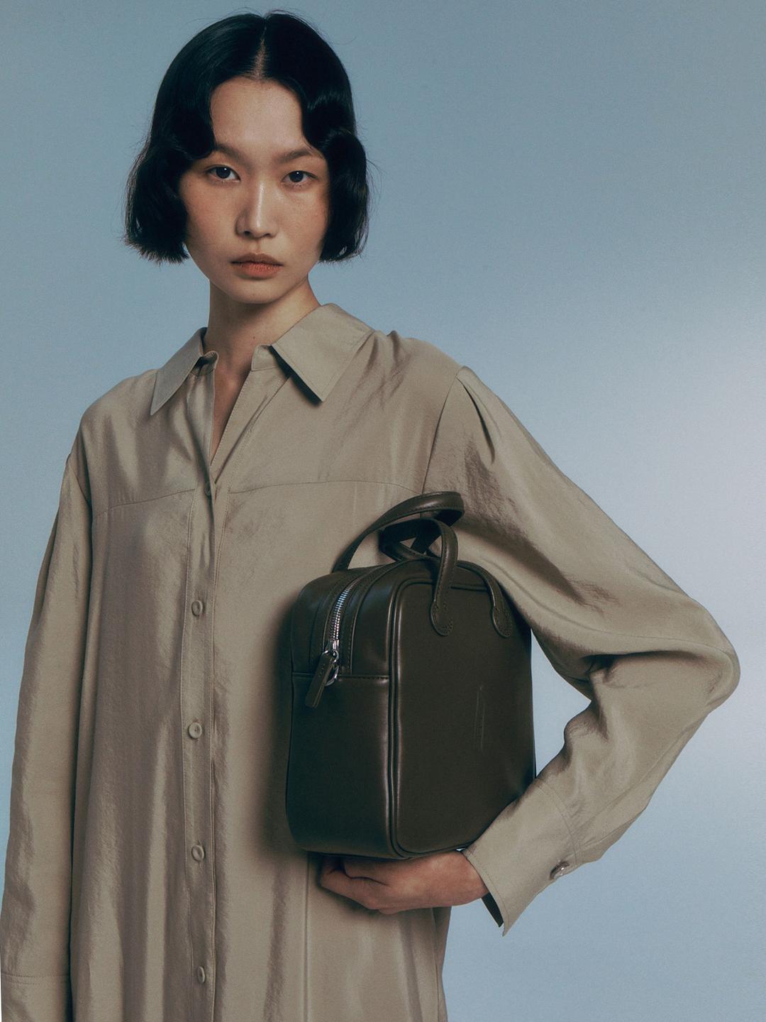 Leather Mini Cube Tote Bag - Khaki