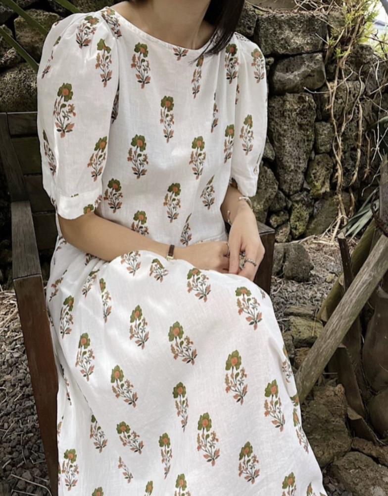 라운드 프레드 플라워 롱 원피스