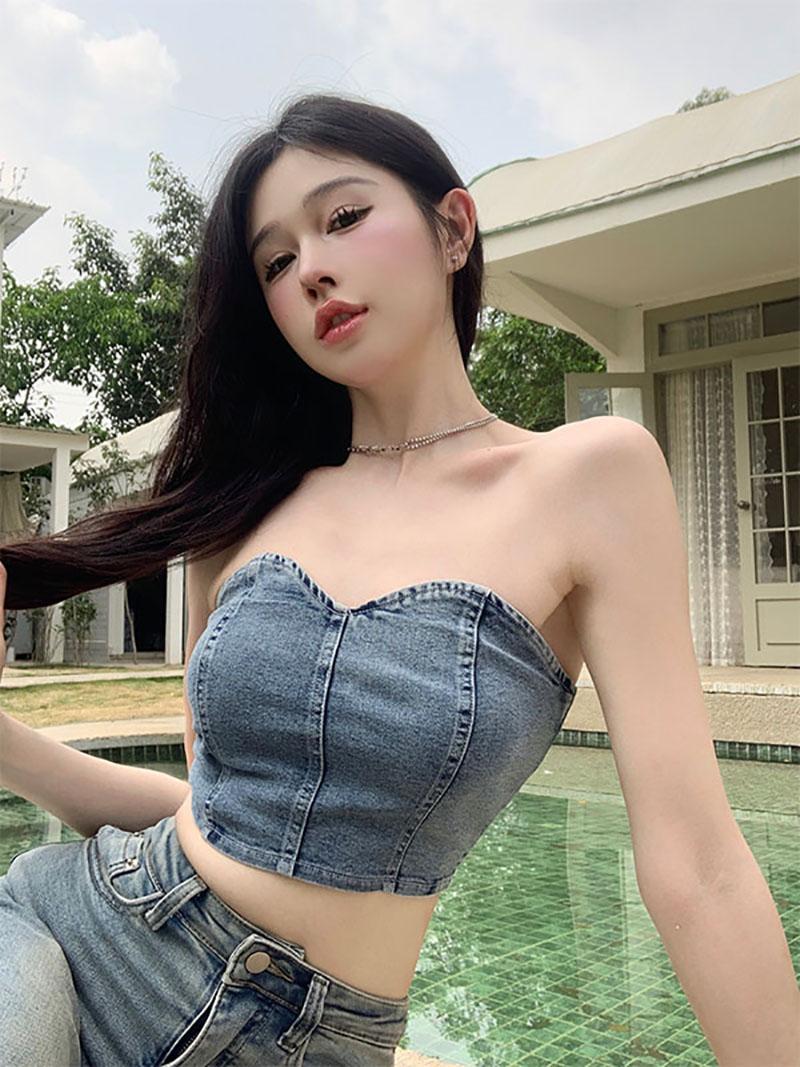 백 지퍼 연청 워싱 데님 크롭 튜브탑