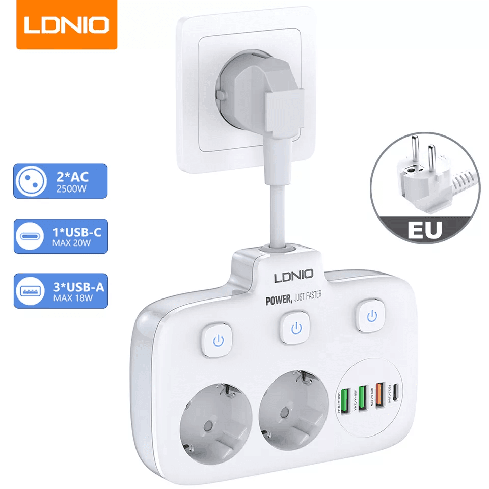 LDNIO Power Strip Multiple European Plug 4 USB Output Electrical Socket With Extension Wire Surge Protector Home Plug Adapter
