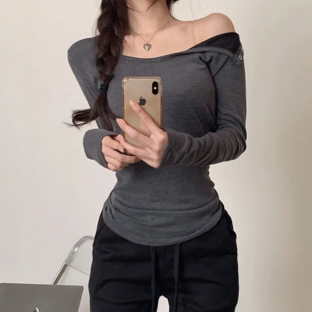 [*-3kg/말라핏] 티크 스냅 버튼 언발 트임 오프숄더 유넥 이너 기본 긴팔 티셔츠 (2color)