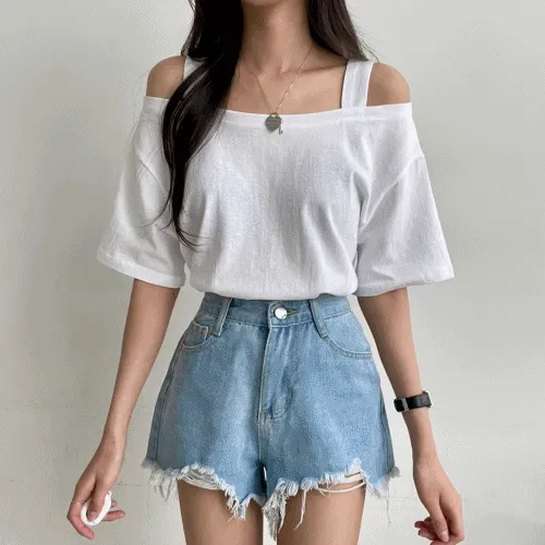 [1+1할인/인기상품!]페스티벌 스트랩 오프숄더 무지 반팔 크롭 티셔츠