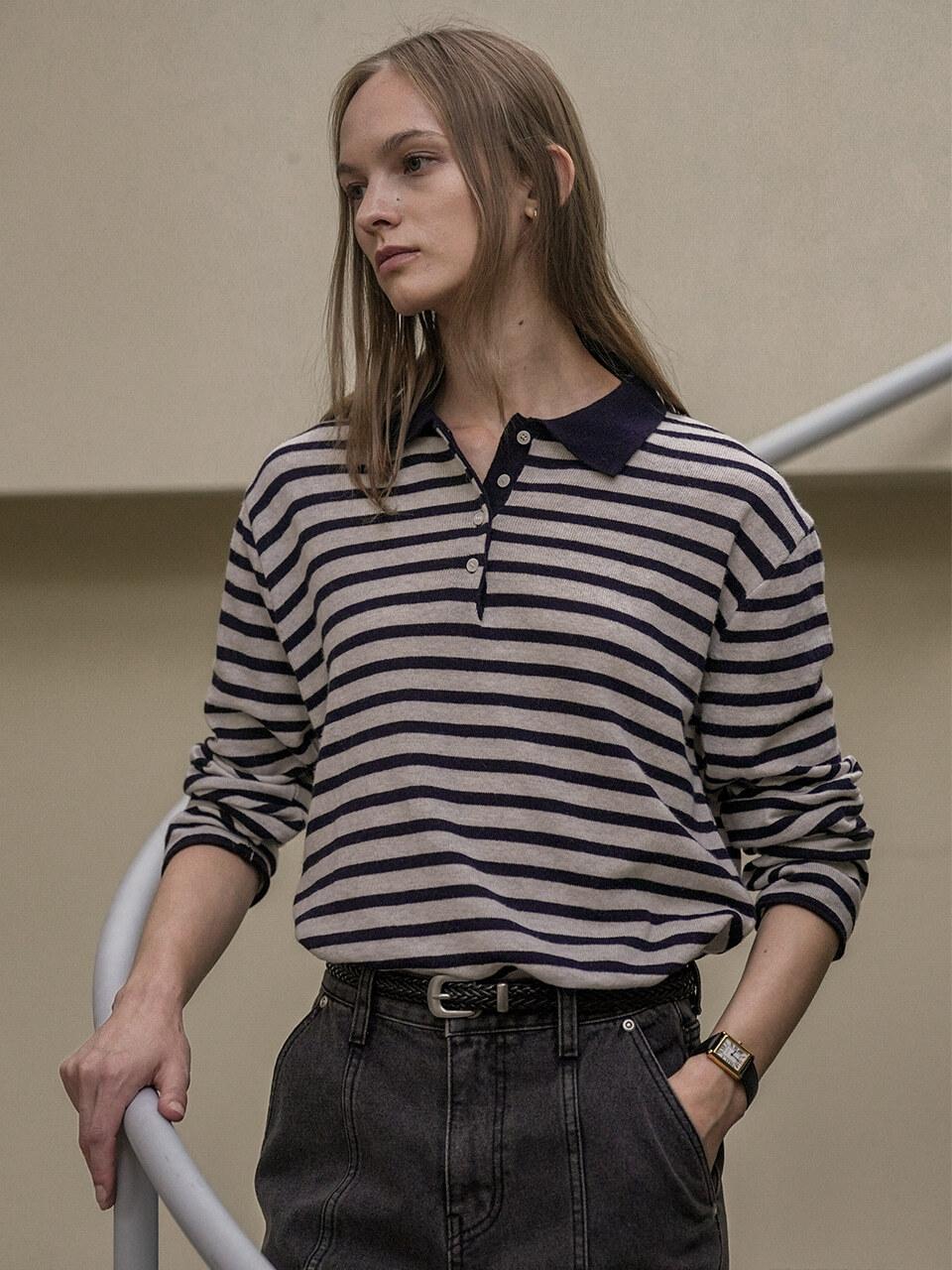 Mini-stripe longsleeve knit KNFW02SW05_Navy