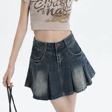 당일출고🚀 [L-4XL/하비강추] 물빠짐스커트 플리츠 치마바지 청치마 데님 스커트 빅사이즈