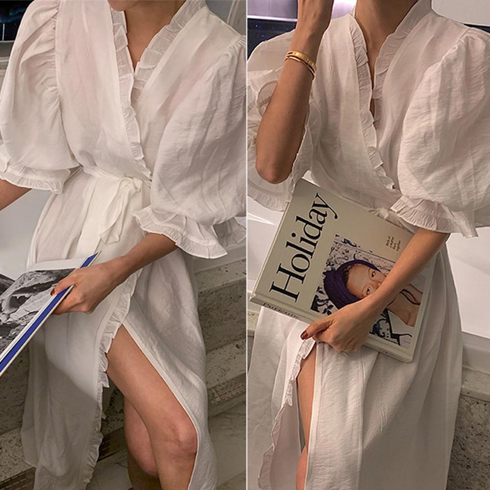 로맨틱 쉬폰 프릴 롱 목욕 샤워 가운 슬립 잠옷 빅사이즈 홈웨어 파자마 이벤트 속옷 허니문