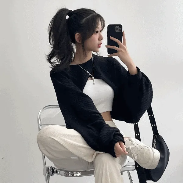 *당일출고*[군살커버]사선 볼레로 크로스 니트 볼레로 탑 가디건3color 메종스튜디오 크롭니트 제니니트 언더붑코디