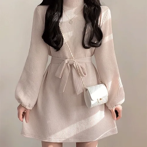 [허리끈set/데일리] 유미 반목 골지 니트 데일리 리본 스트랩 원피스