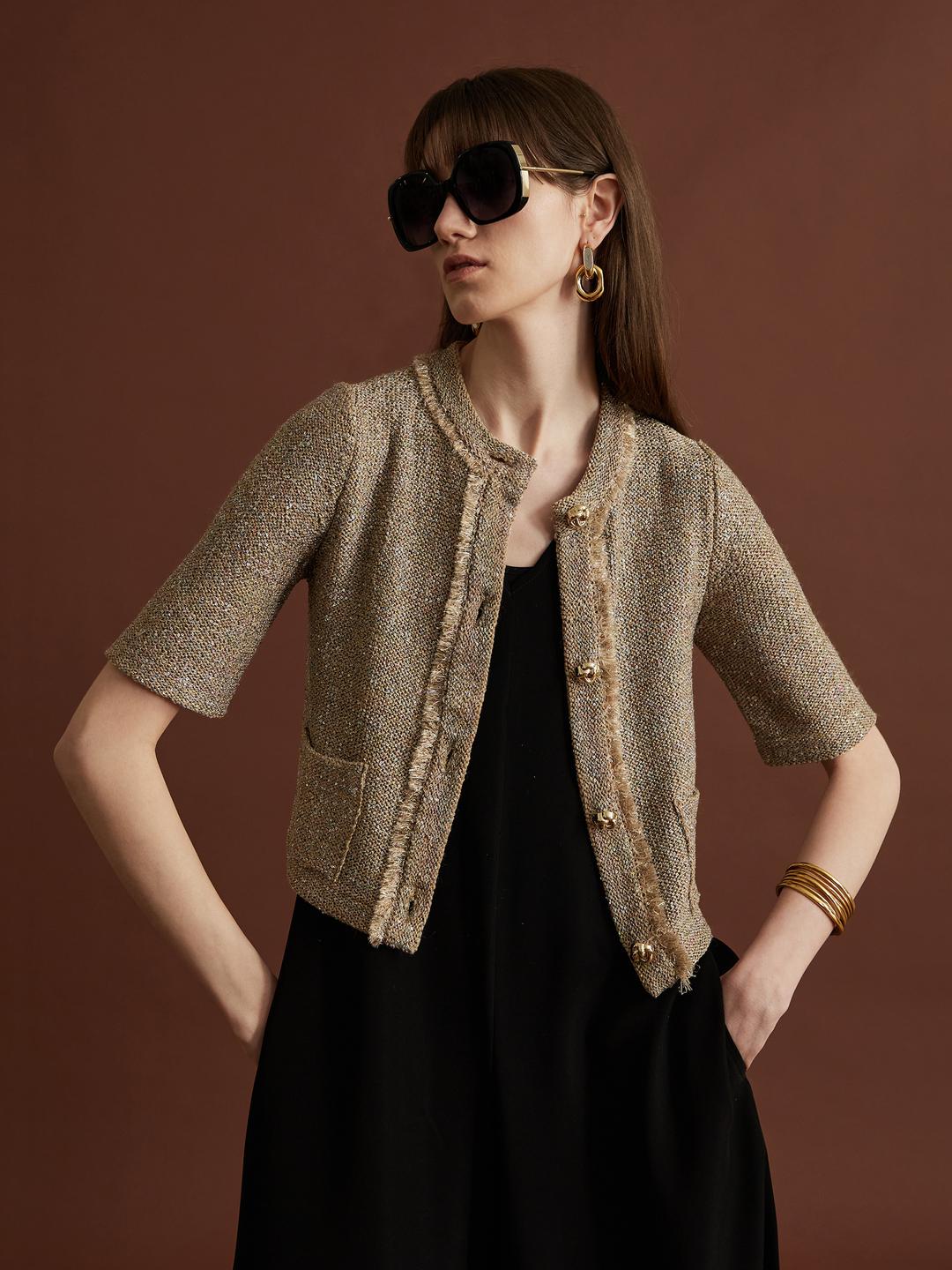 Sequin Half-Sleeve Knit Cardigan - Beige