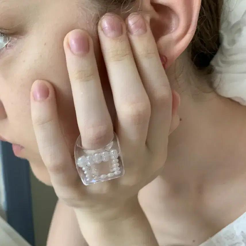 LONSLAN 반지 스퀘어 아크릴 펄 심플 투명 화이트링