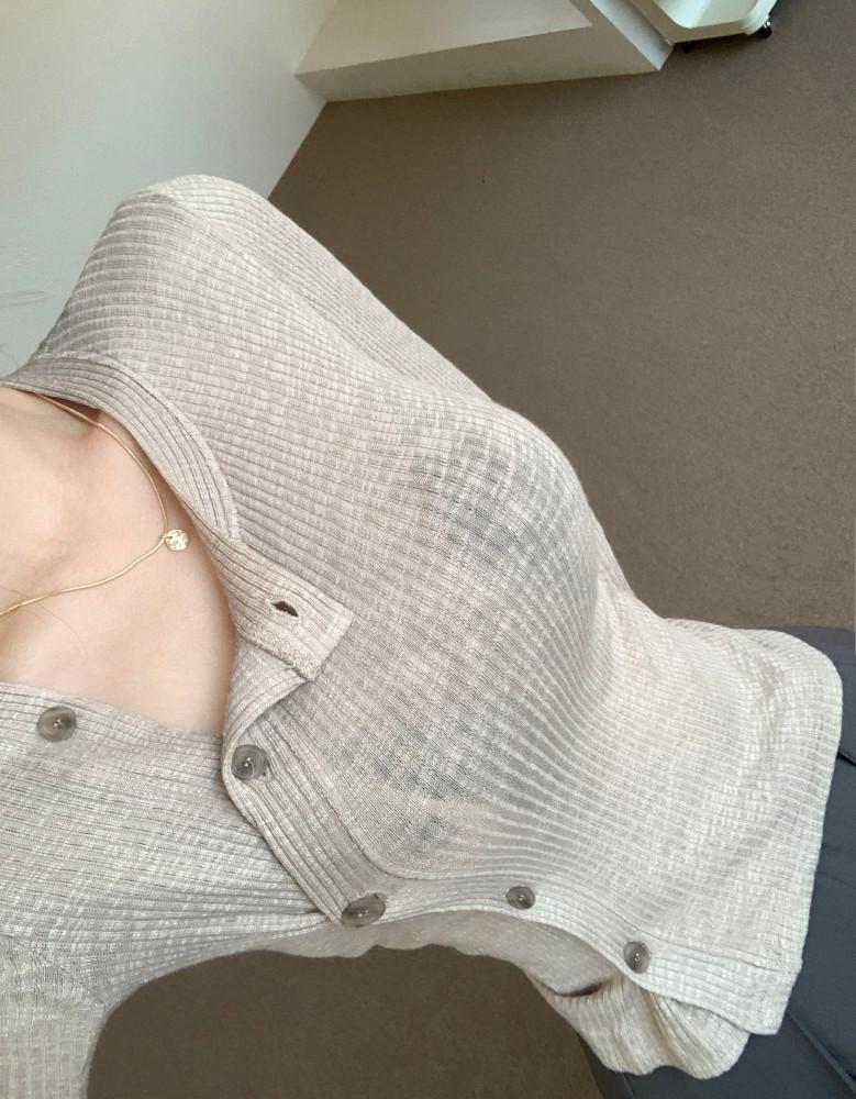 [자체제작] 투웨이 사선 버튼 골지 티셔츠