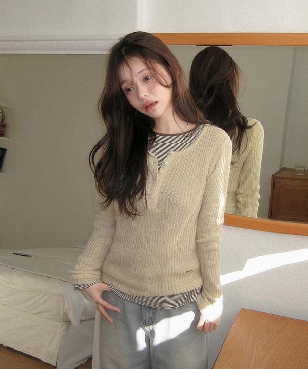 쇼퍼랜드 [몽글 울][여리핏][레이어드] 벤디 슬림 울 버튼 골지 헨리넥 니트 (6color)