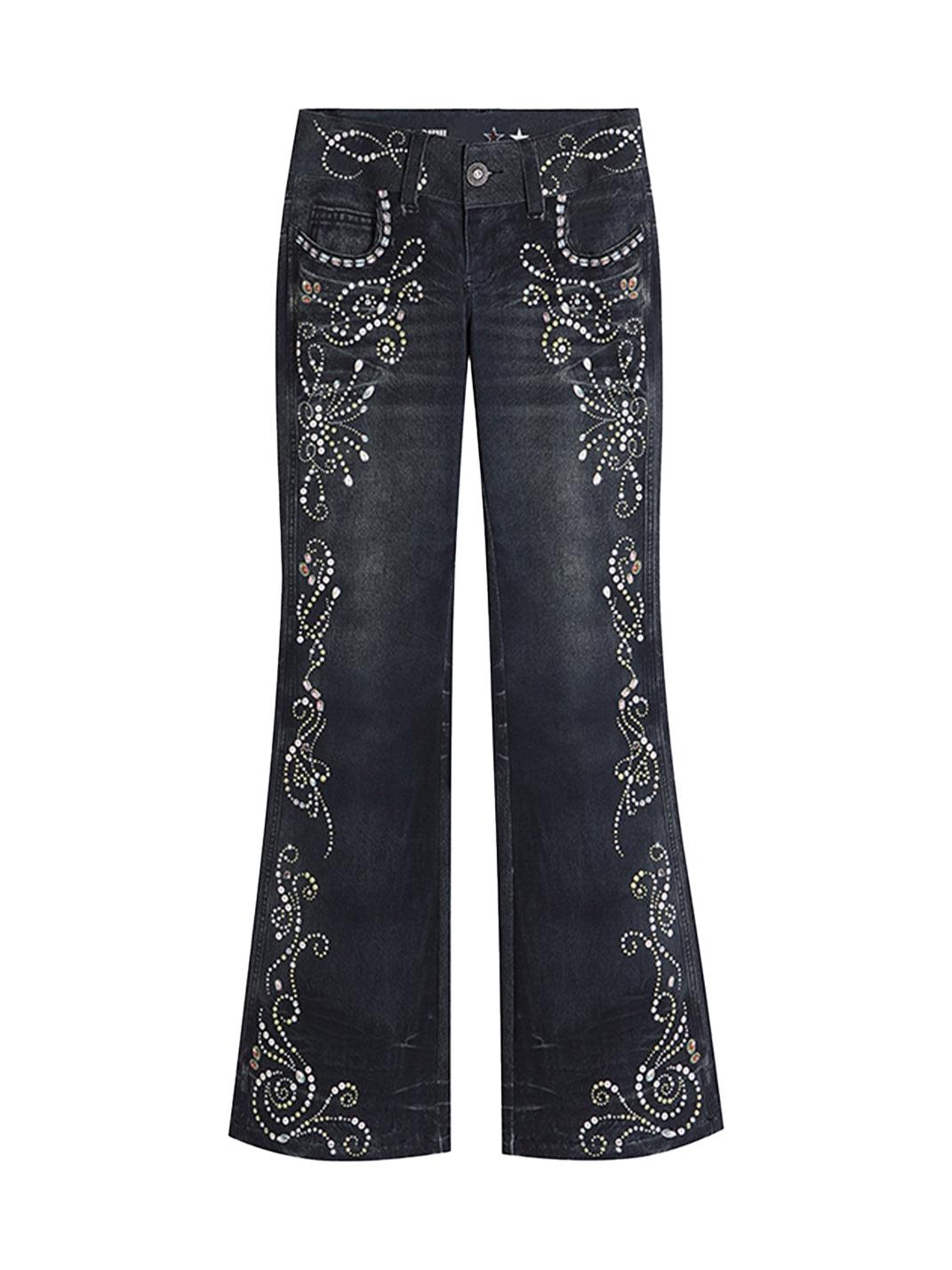 FayChui | Retro Gem Print Flared Denim Look Pants - XS