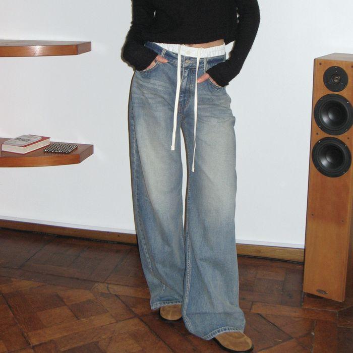 DOUBLE WAIST WIDE DENIM, MID BLUE