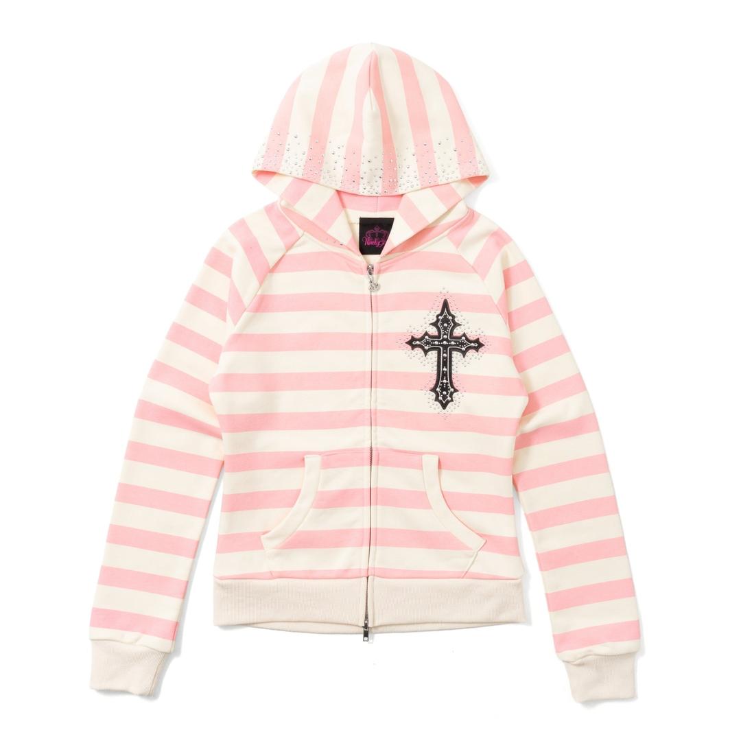 크로스 패치 스트라이프 집업 후디  - 핑크 / S