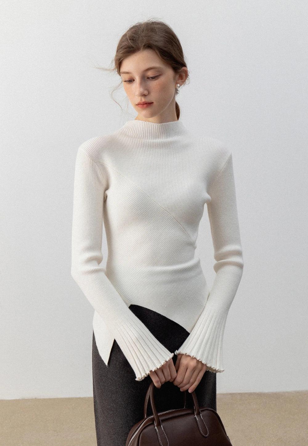 Ribbed High- Neck Sweater with Flared Sleeves