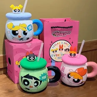 [해외정품:1+1할인] 파워퍼프걸 뚜껑 머그컵 500ml Powerpuff Girls 세라믹 손잡이 물컵 히어로 애니 캐릭터굿즈 생일선물