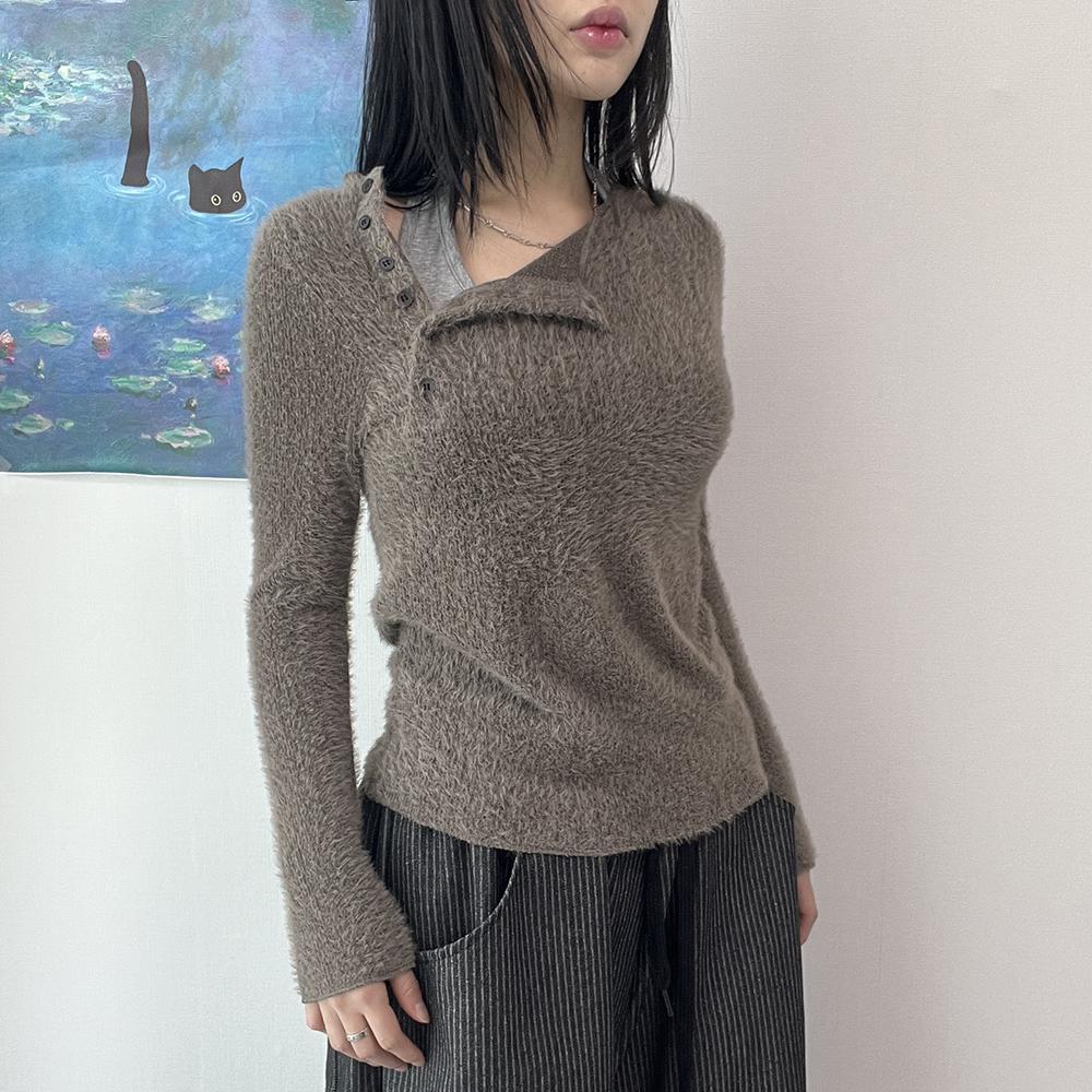 키비논 [3color] 러시 오픈 버튼 헤어리 긴팔 티