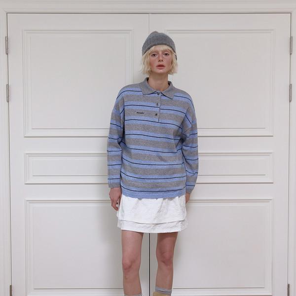 MULTI STRIPE COLLARED KNIT TOP - GREY