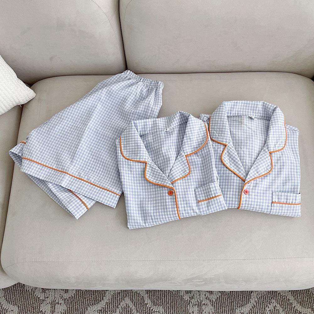 체크 커플 여름 반팔 잠옷 세트 투피스 반바지 파자마 신혼 선물