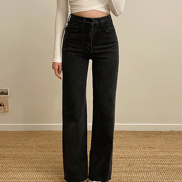 [XS사이즈부터!] 빈티지 하이웨스트 흑청 세미 와이드 데님 청바지 (4size)