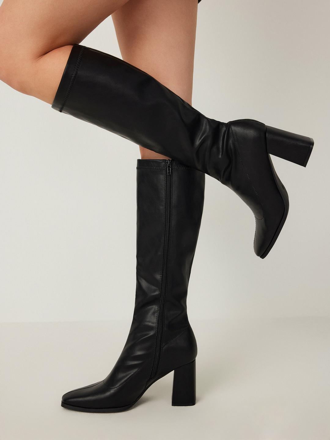 Classic Chunky Heeled Faux Leather Knee High Boots