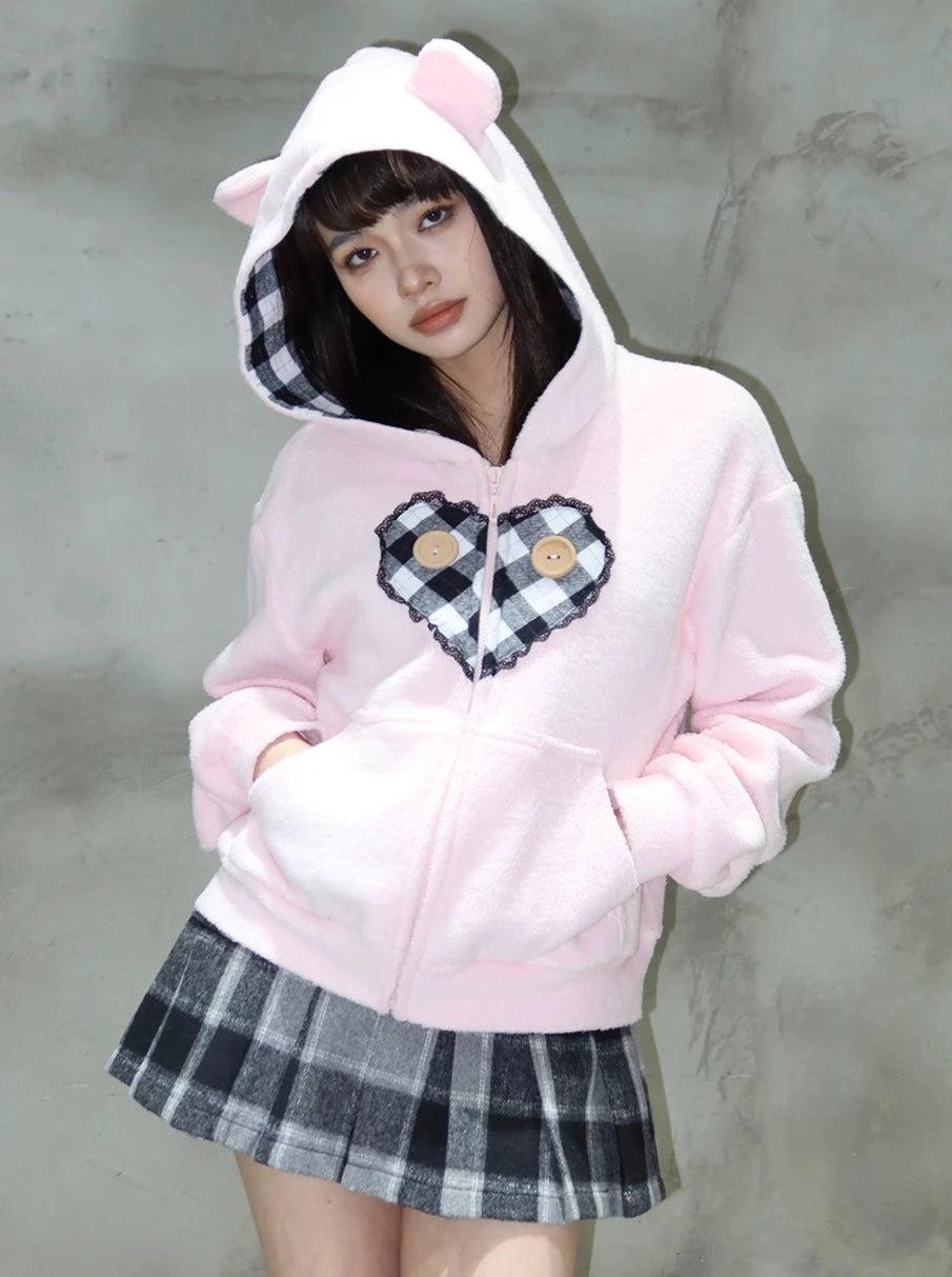 라이트 핑크 곰 음식 체크 심장 푸드 파커