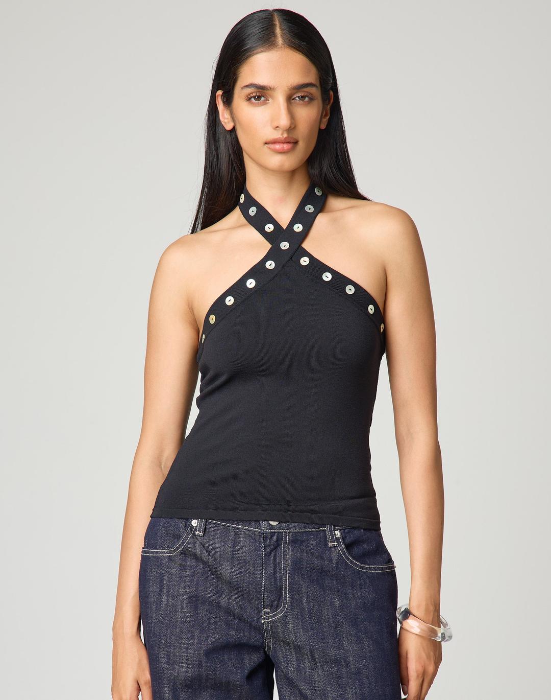 Button Detail Halter Knit Top